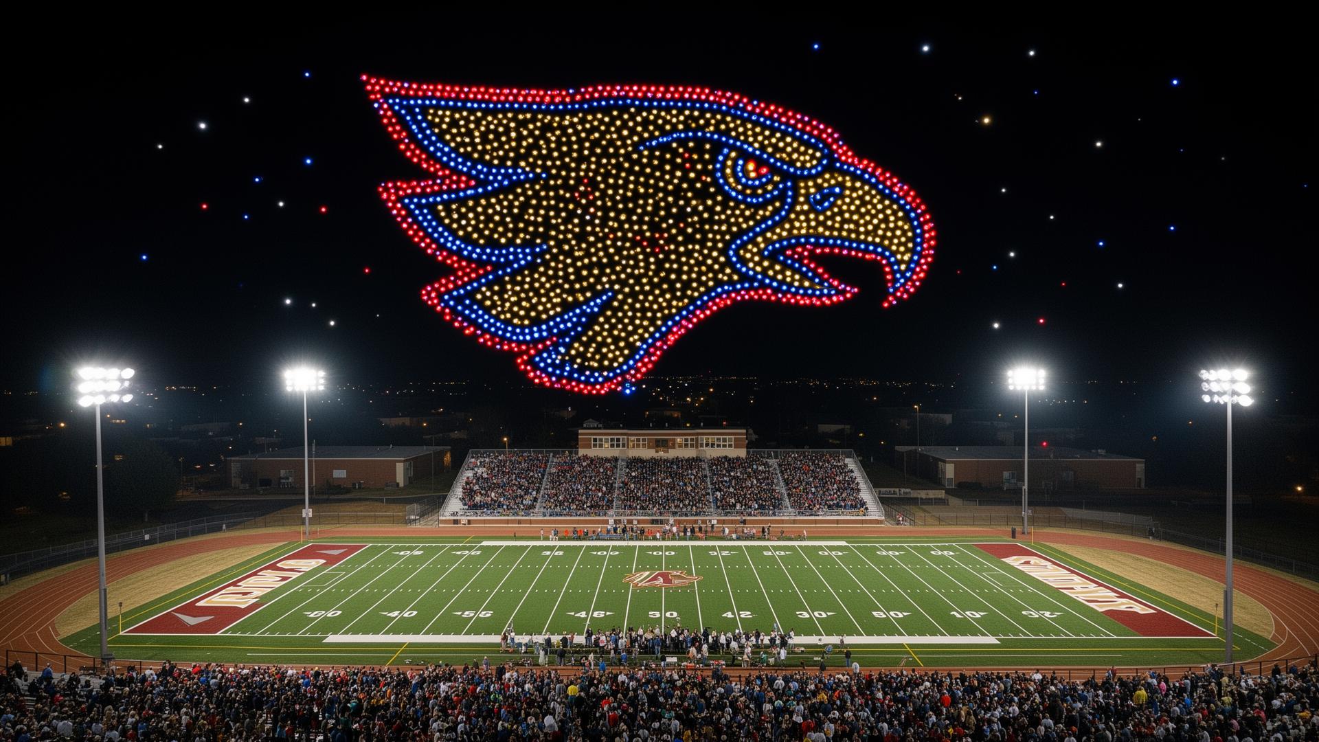 Drone light show over a high school stadium